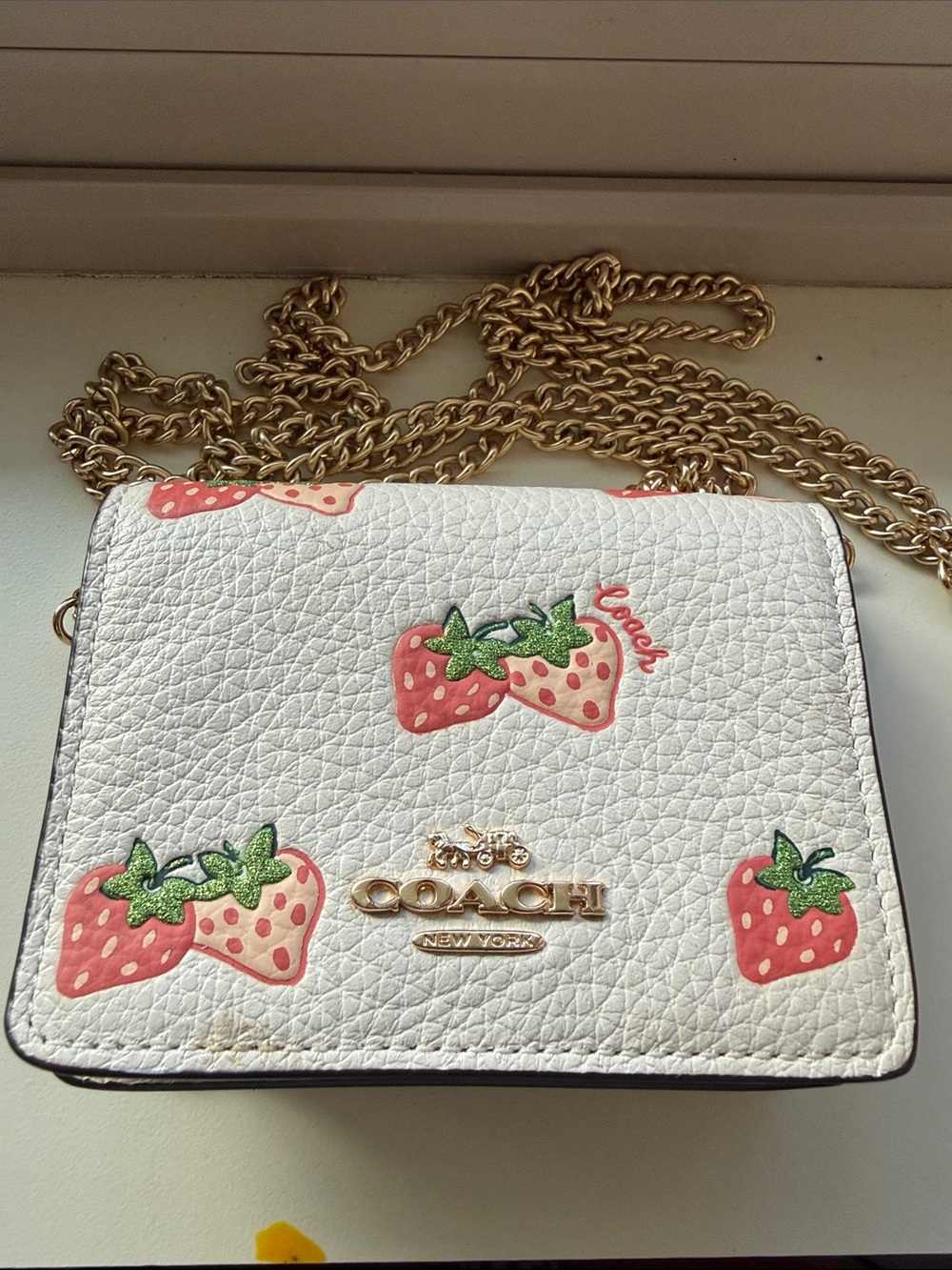 COACH White Strawberry Print Short Zip Around Chain Crossbody Bag 10*8*2cm